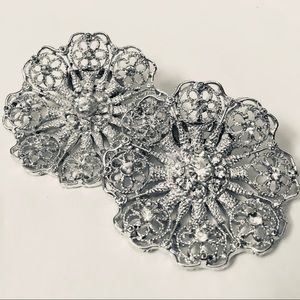 Shoe Clips Silver-tone Rhinestone Vintage Flower